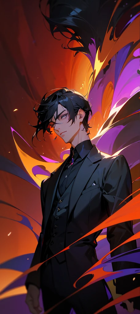 Elegant handsome man with purple pupils, wearing a black shirt, black trousers, short black hair, (top quality, 8k, high, masterpiece), highly detailed facial features, intricate details, natural lighting, warm color, soft focus, digital painting, fantasy art, silhouette, red light, eerie atmosphare, dark aura, black particles, perfect eyes, beautiful eyes, adult male.