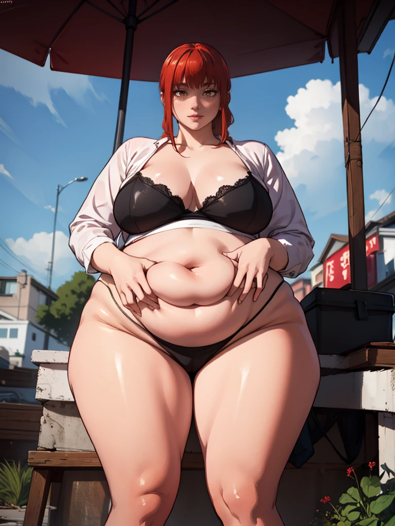 Personnage de Makila (chainsaw man), deux filles rousses cheveux rouges obèses qui se regardent avec amour dehors, ventre gros et gras sorti, sexy, tendresse, visage fermé et sévères, visages très détaillés, joues potelées et gras, double menton. Elles ont un corps très gras, ssbbw, très belles femmes