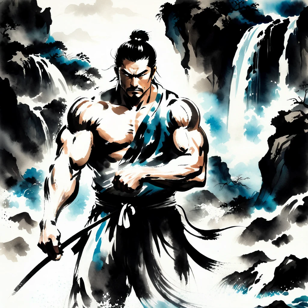 Samurai,Angry expression,独奏,Muscular man,Cross your arms,Dignified pose,Sumi-e style,looking at viewer, masterpiece,best quality,extremely detailed,fine details,Zoom in,Beautiful posture,Crystal-clear waters,Japanese loincloth style swimsuit, being hit by a waterfall in the river, heavy water spray, beautiful natural environment