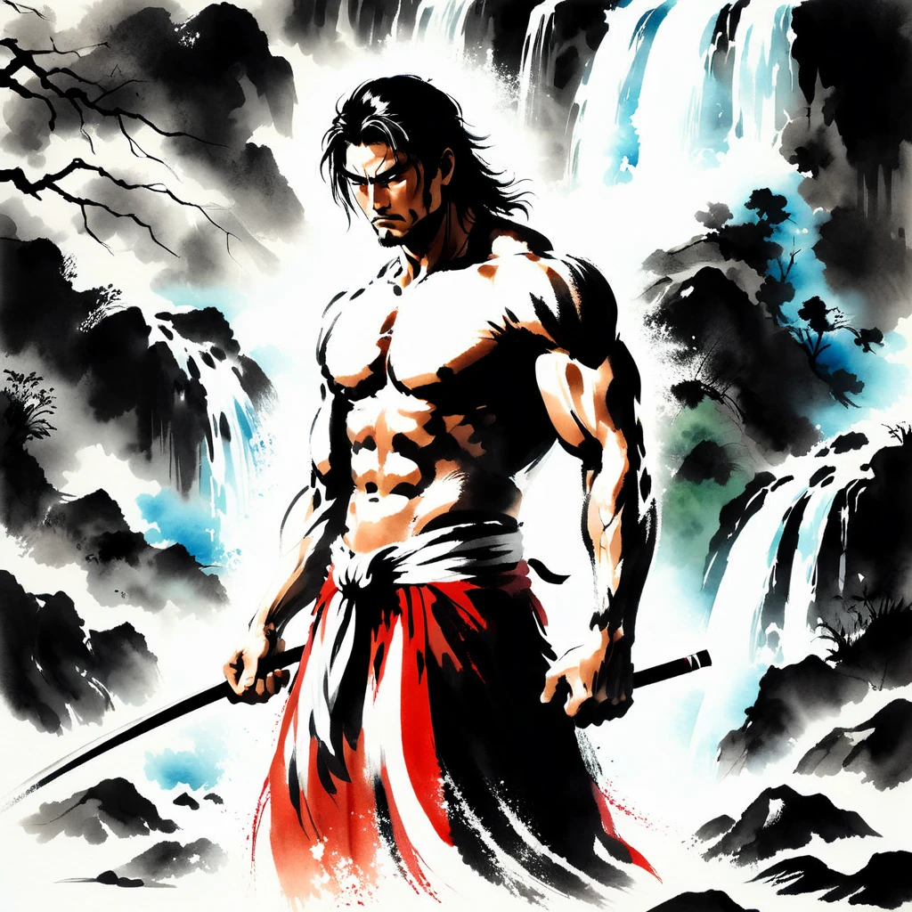 Samurai,Angry expression,独奏,Muscular man,Cross your arms,Dignified pose,Sumi-e style,looking at viewer, masterpiece,best quality,extremely detailed,fine details,Zoom in,Beautiful posture,Crystal-clear waters,Japanese loincloth style swimsuit, being hit by a waterfall in the river, heavy water spray, beautiful natural environment