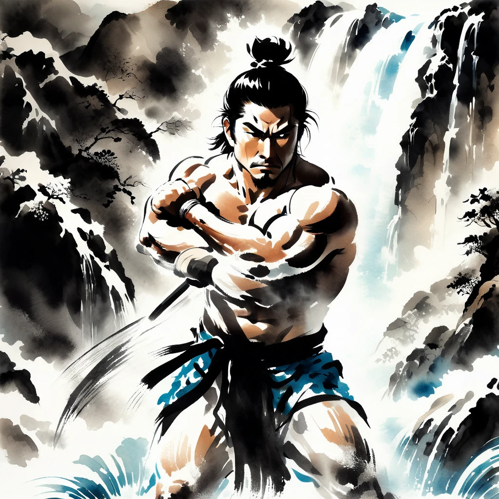 Samurai,Angry expression,独奏,Muscular man,Cross your arms,Dignified pose,Sumi-e style,looking at viewer, masterpiece,best quality,extremely detailed,fine details,Zoom in,Beautiful posture,Crystal-clear waters,Japanese loincloth style swimsuit, being hit by a waterfall in the river, heavy water spray, beautiful natural environment