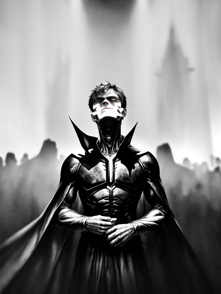 David Tenant, evile Super heroi, shorth hair, hazel eyes, pretentious smile, Caucasian skin, sensuous, (best qualityer,4K,8K,high resolution,work of art:1.2),ultra detali,(realisitic,photorealisitic,photo-realisitic:1.37),Super heroi,evil,villain,intense gaze,detailed facial features,dramatic lighting,dark and moody atmosphere,Bright dark,cinematic,portraite