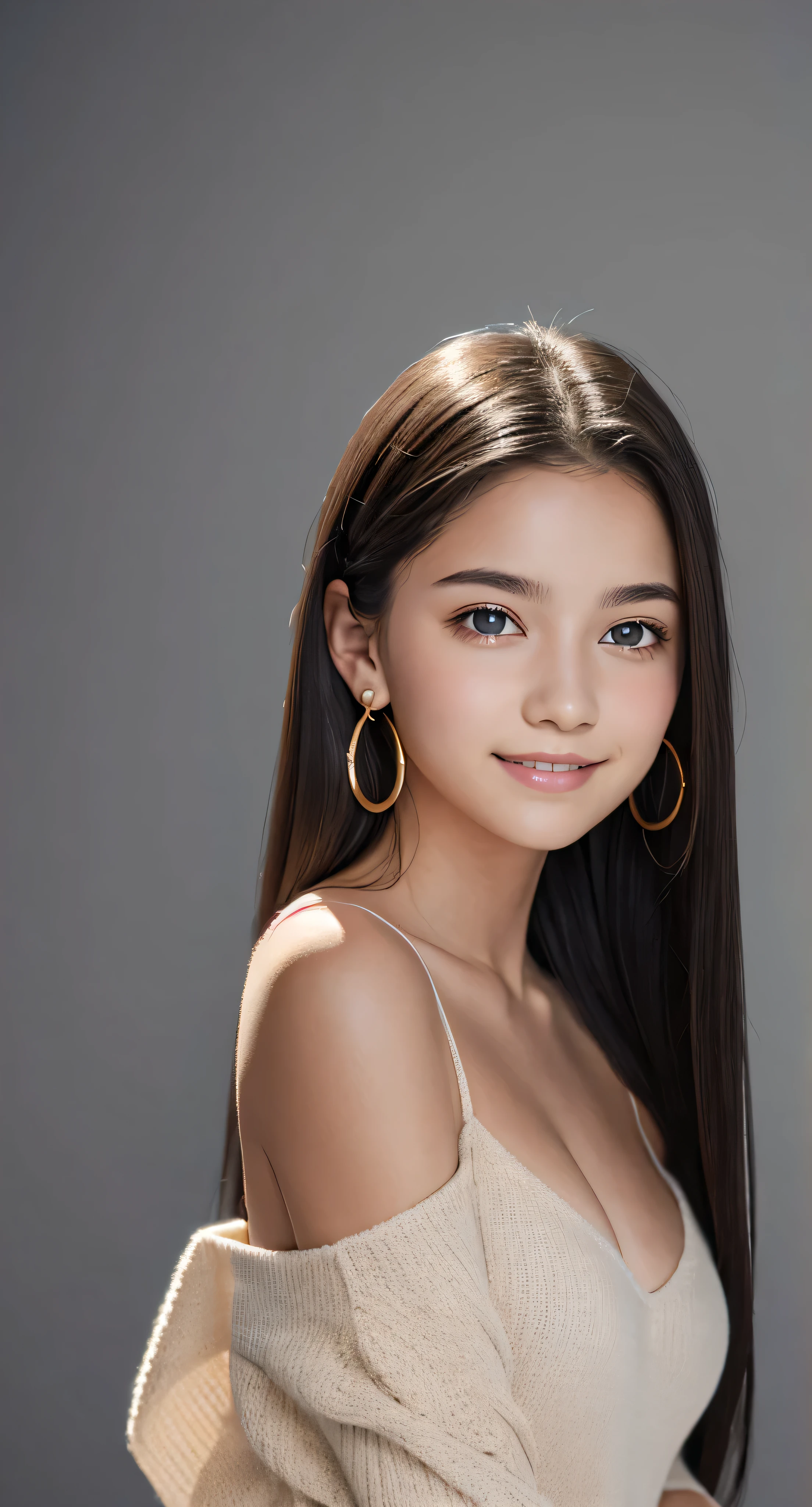 Beautiful teenager, incomparable beauty ,topless:1.2, looking to the camera, cinematic lighting, perfect, Luz outfit, high resolution skin:1.2, realistic skin texture, beautiful 15-year-old girl、a small face、small gold hoop earrings、, off the shoulders, 32c breasts, Blue eyes, very black hair on my shoulders, dark black hair、Full body photo、neutral background , looking straight at the target and with a nice and pleasant smile