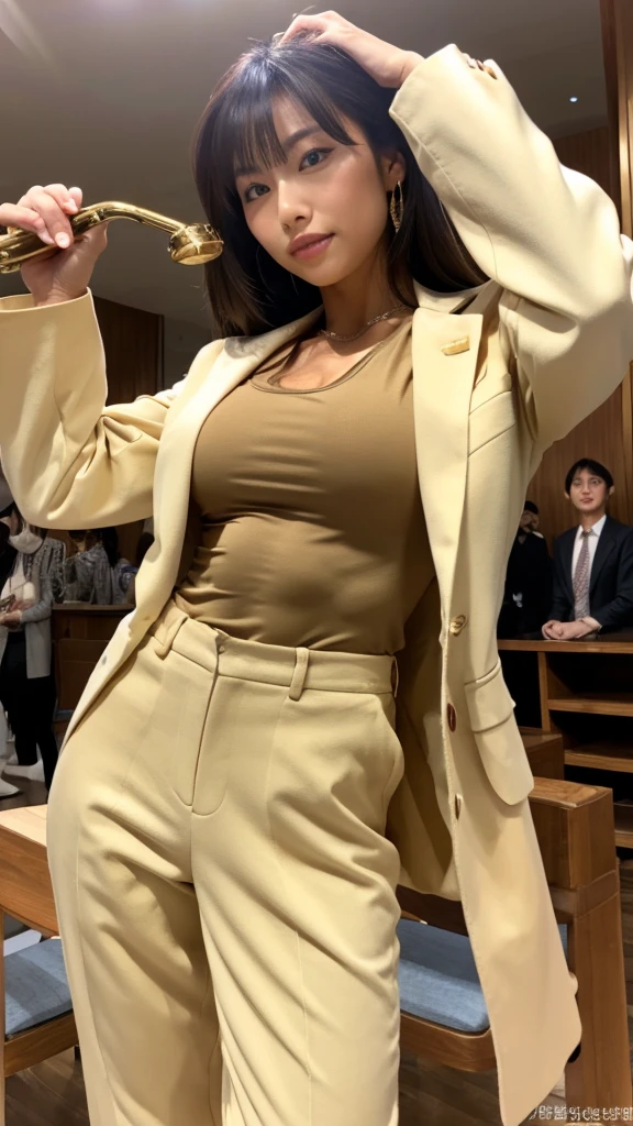 Beautiful Japanese female bodybuilder、Beige pantsuit、Saxe blue blouse、chocolate brown pumps