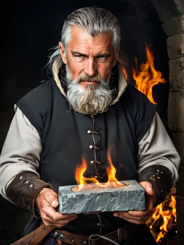 naughty man, gray hair, (medieval command) greybeard, holding a (rectangular stone) (enveloped in flames)