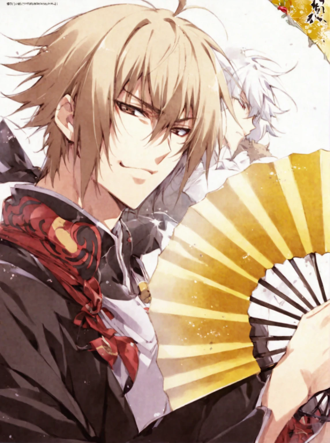 Anime character holding a fan on a yellow background, okita sougo, Handsome Japanese Devil Boy, hijikata toushirou of gintama, inspired by Okumura Masanobu, From the Sengoku period, Inspired by Sukenori Nishikawa, Hajime Yatate, shikishi, Inspired by Hiro Yamagata