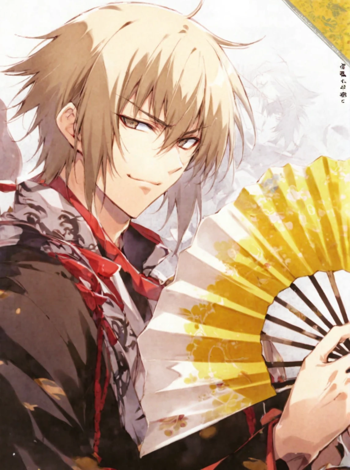 Anime character holding a fan on a yellow background, okita sougo, Handsome Japanese Devil Boy, hijikata toushirou of gintama, inspired by Okumura Masanobu, From the Sengoku period, Inspired by Sukenori Nishikawa, Hajime Yatate, shikishi, Inspired by Hiro Yamagata