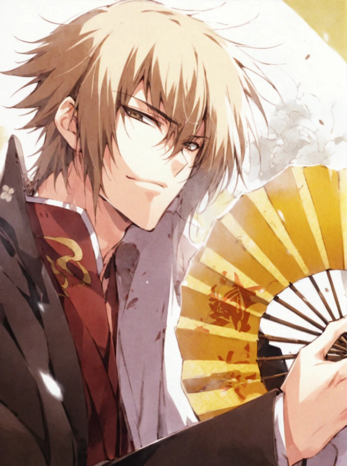 Anime character holding a fan on a yellow background, okita sougo, Handsome Japanese Devil Boy, hijikata toushirou of gintama, inspired by Okumura Masanobu, From the Sengoku period, Inspired by Sukenori Nishikawa, Hajime Yatate, shikishi, Inspired by Hiro Yamagata