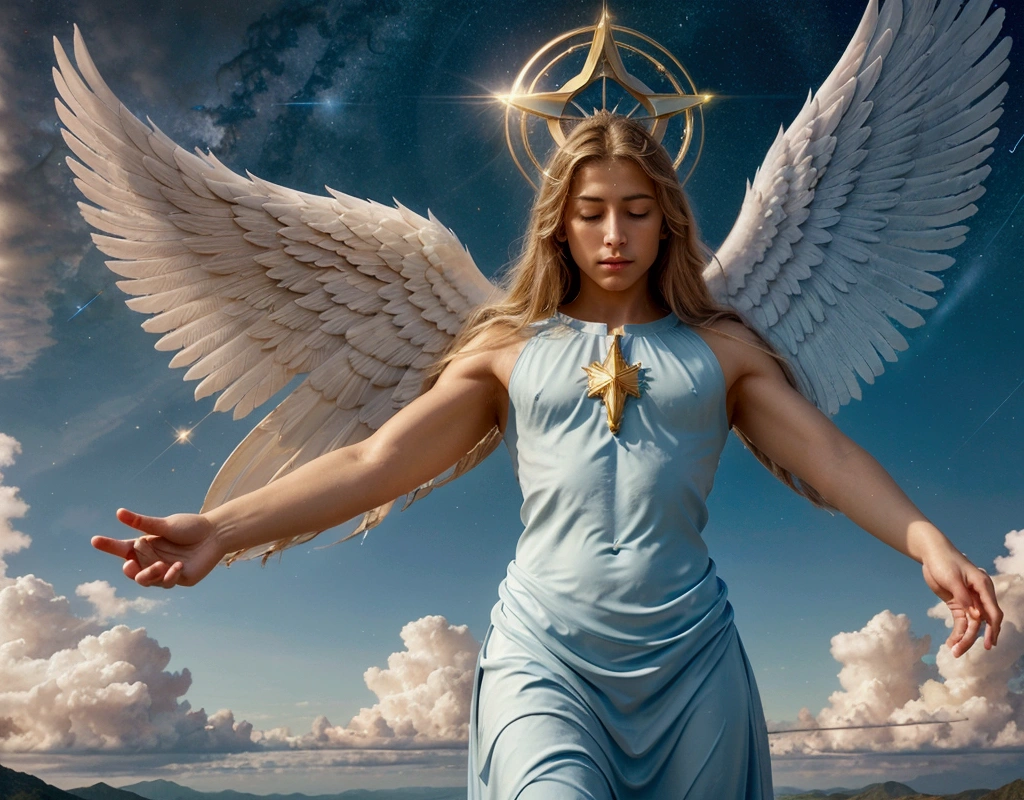 Create an inspiring and heavenly image of a man for your song thumbnail "Song for Archangel Michael - Celestial Protection". The image must convey peace, protection and spirituality. Here are the elements to include: Central Figure of Archangel Michael: A majestic figure of Archangel Michael, with open wings and a sword of light in his hands. He should be enveloped in an aura of golden or blue light. heavenly scenery: A background with starry sky or bright clouds, giving a feeling of being in heaven. Elements of Light and Brightness: lightrays, Almost, or orbs of energy that emanate from the figure of the archangel and spread across the scene. Inspiring Text: Include the song title "Song for Archangel Michael - Celestial Protection" in an elegant, smooth font. Place the text harmoniously, preferably at the top or bottom of the image. Soft and Harmonious Colors: Use shades of blue, doradas, white and other colors that convey serenity and spirituality. Make sure the image is visually appealing and conveys the message of protection and peace that the song represents. Add some music