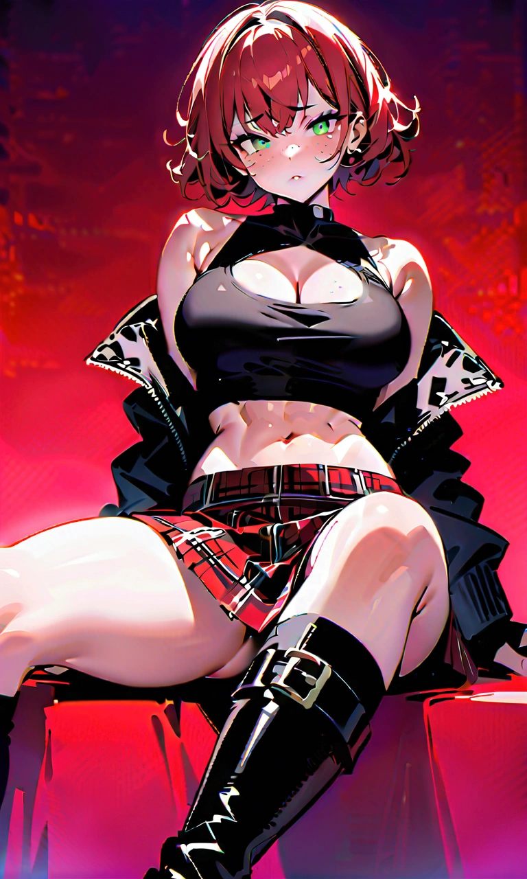 woman, curly red pixie cut hair, green eyes, wearing crop top black shirt, long black jacket, red plaid skirt, (black knee high boots), black fingerless gloves, exposed shoulders, large breasts, freckles, cleavage, abs, looking at viewer, masterpiece, best quality, sitting cross legged