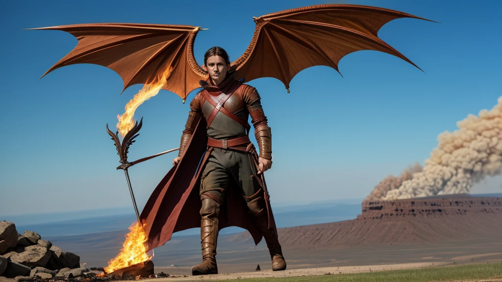 In the Devastated Lands of Valyria, where scars of war run deep, Draegan strides with courage, fire blazing in his eyes. With sword ablaze and dragon wings unfurled, He bears the legacy of skies, son of Elara, power in his veins