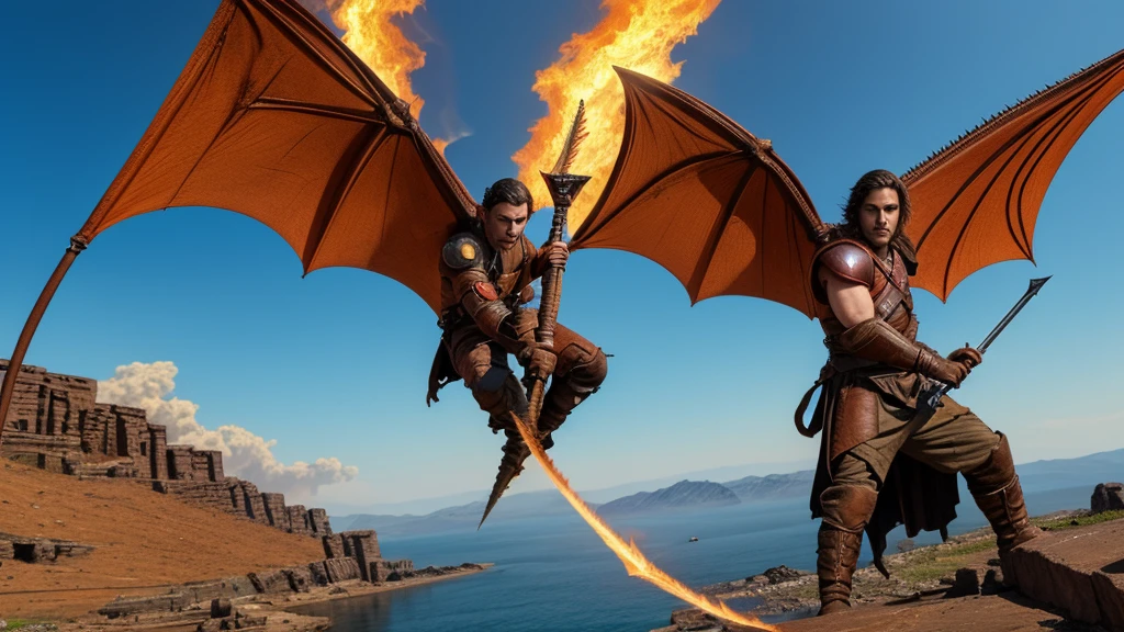 In the Devastated Lands of Valyria, where scars of war run deep, Draegan strides with courage, fire blazing in his eyes. With sword ablaze and dragon wings unfurled, He bears the legacy of skies, son of Elara, power in his veins