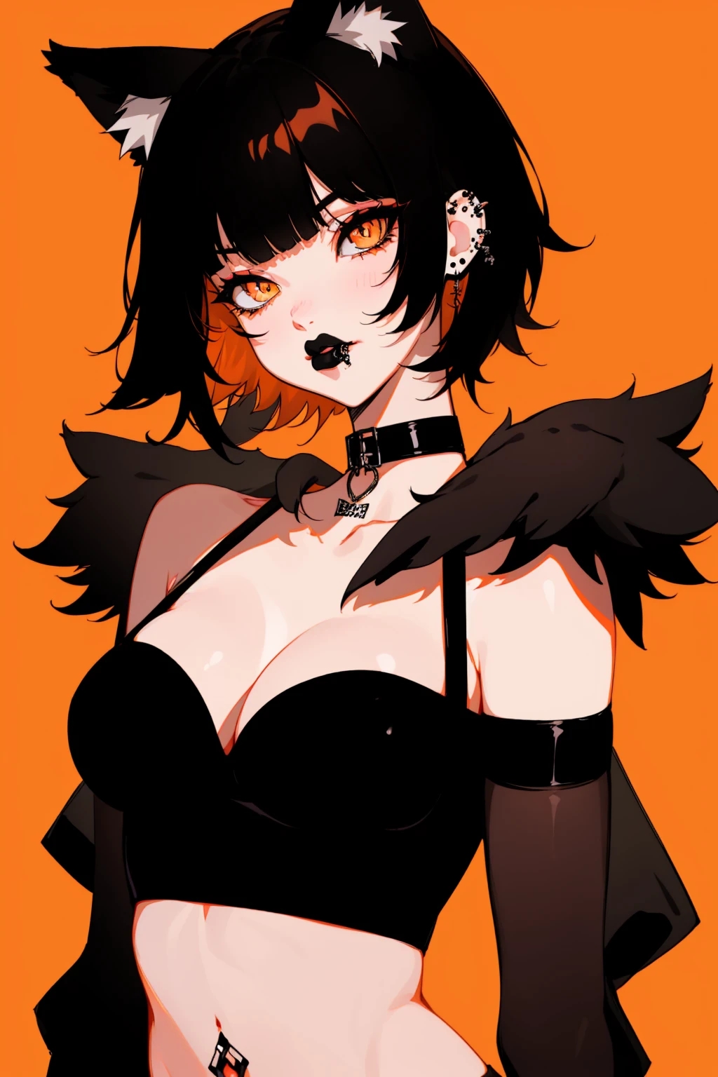 1girl, solo, jewelry, animal_ears, black_lips, short_hair, breasts, black_hair, earrings, makeup, cat_ears, orange_eyes, looking_at_viewer, navel, cleavage, lipstick, bangs, piercing, medium_breasts, collar, upper_body, gloves, elbow_gloves, bare_shoulders, slit_pupils, choker, necklace, midriff, orange_background, strapless