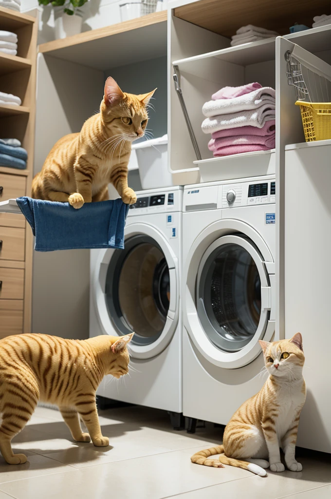 yellow cat doing laundry