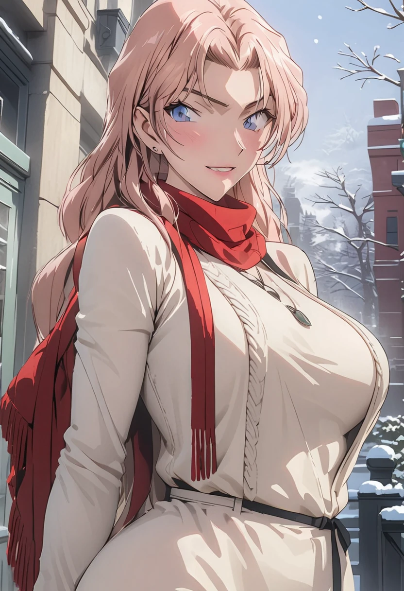 （best quality，4K，8K，high resolution，masterpiece：1.4），Ultra Detailed，Detail face：1.3，White sweater，red scarf，Perfect body，Large Breasts，Fashion，winter，Snowflakes falling，Anime style