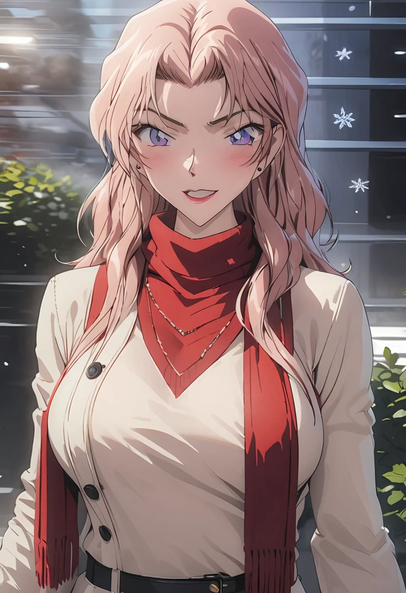 （best quality，4K，8K，high resolution，masterpiece：1.4），Ultra Detailed，Detail face：1.3，White sweater，red scarf，Perfect body，Large Breasts，Fashion，winter，Snowflakes falling，Anime style