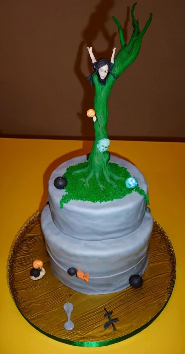 This is a floating cake, better known as gravity cake, I need that with the same concept, a tree with a witch is generated on a floating cake. that are hyperrealistic and dark