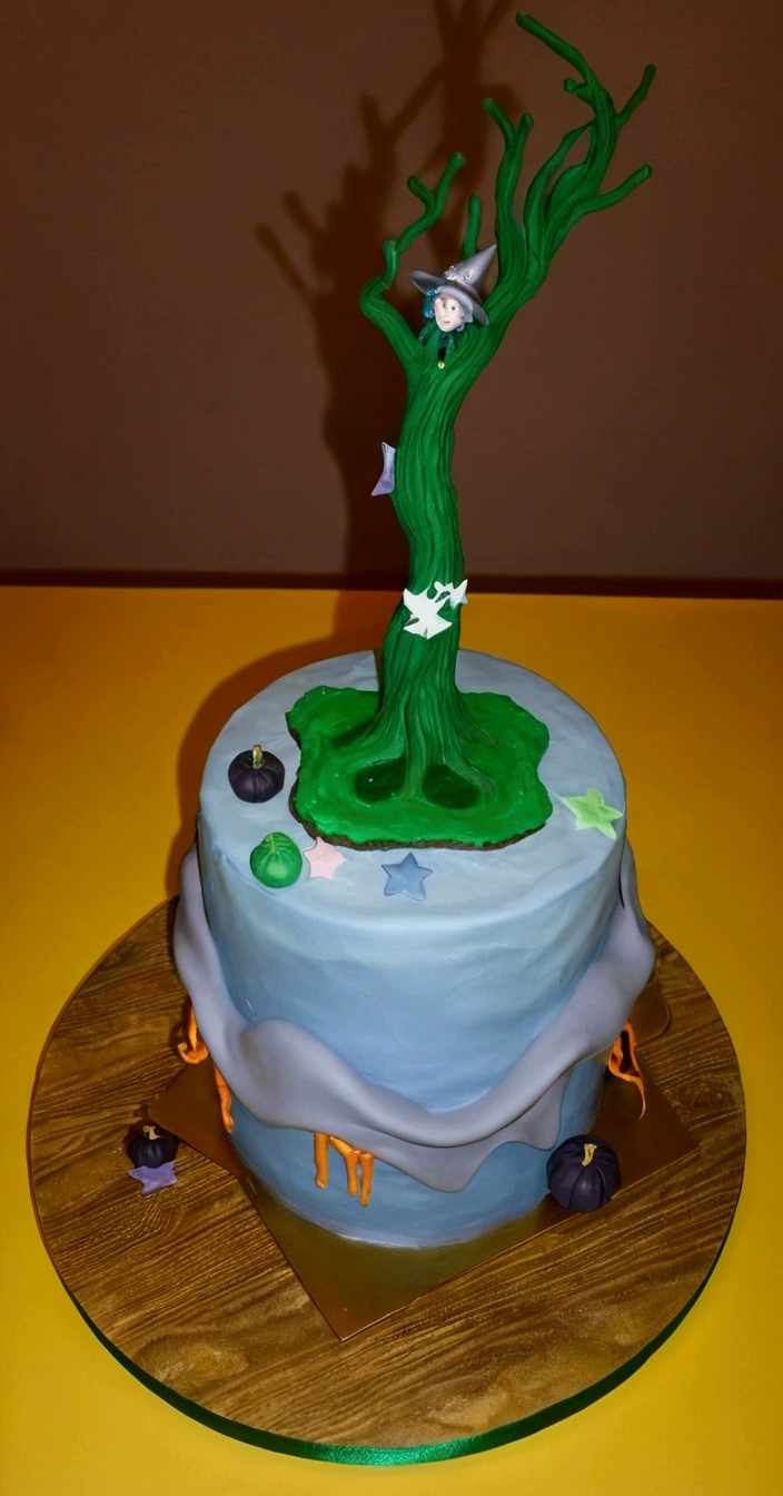 This is a floating cake, better known as gravity cake, I need that with the same concept, a tree with a witch is generated on a floating cake. that are hyperrealistic and dark