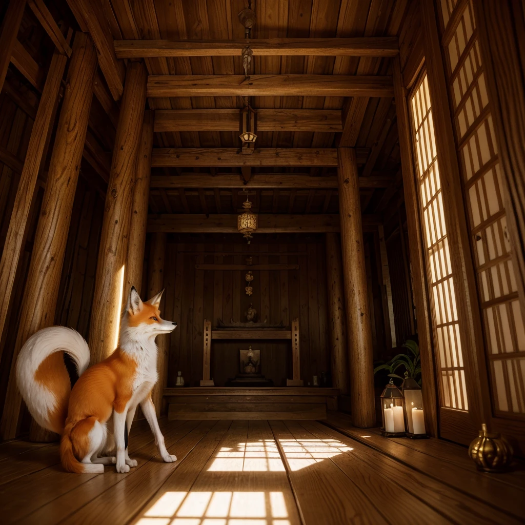 Kitsune fox drawing in his temple in the forest