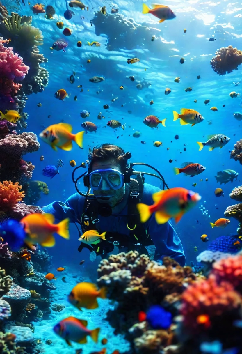 An underwater explorer swimming among a school of colorful tropical fish, surrounded by vibrant coral reefs teeming with marine life in the crystal clear blue water, creating a surreal and alien atmosphere, hyper realistic style that realistically renders underwater optics, illuminated by beams of sunlight piercing the waves above, blues and a spectacular palette of aqua hues, Olympus Tough TG-6 capturing the surreal spectacle, macro lens for remarkably close details, --chaos 10 --ar 16:9 --stop 90 --style raw --stylize 50 --weird 100 --quality 25 --v 6