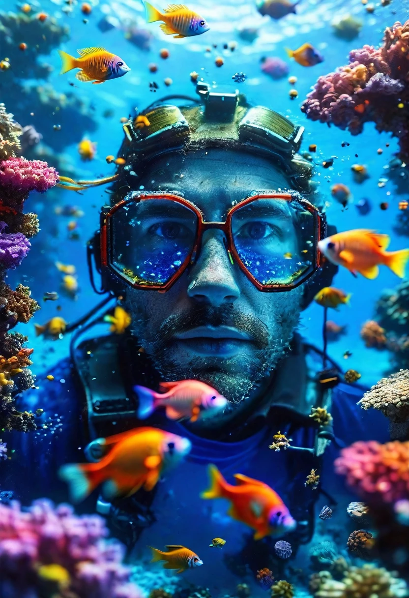 An underwater explorer swimming among a school of colorful tropical fish, surrounded by vibrant coral reefs teeming with marine life in the crystal clear blue water, creating a surreal and alien atmosphere, hyper realistic style that realistically renders underwater optics, illuminated by beams of sunlight piercing the waves above, blues and a spectacular palette of aqua hues, Olympus Tough TG-6 capturing the surreal spectacle, macro lens for remarkably close details, --chaos 10 --ar 16:9 --stop 90 --style raw --stylize 50 --weird 100 --quality 25 --v 6