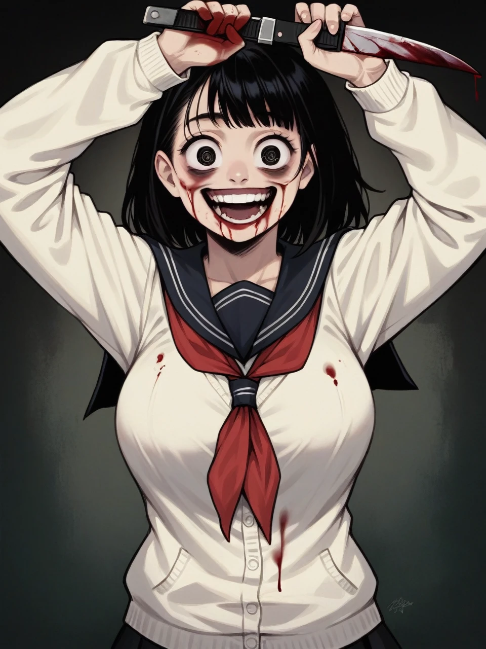 dark art, thick outlines, comics, photorealistic, perfect hands, masterpiece:1.2, ruined city at night, crazy, smiling, 1 girl, knife in hands, blood, cardigan, serafuku, black skirt, neckerchief, big breasts, detailed background, detailed face, detailed eyes, 