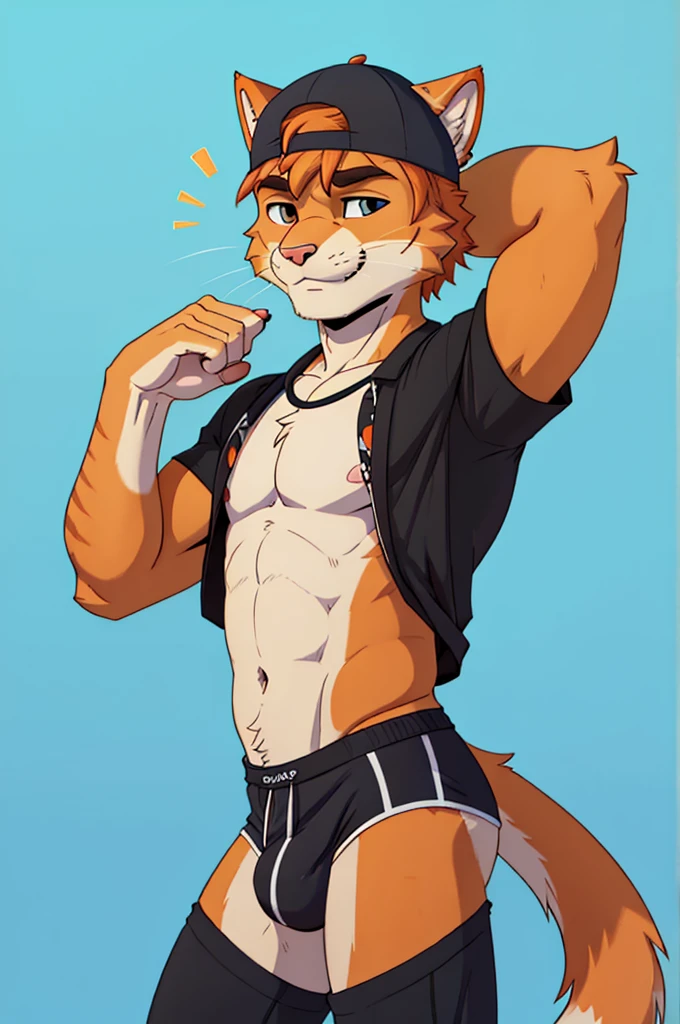 orange cat, dabbing, furry, anthro, athletic clothes, backwards hat, orange tabby, 1male,