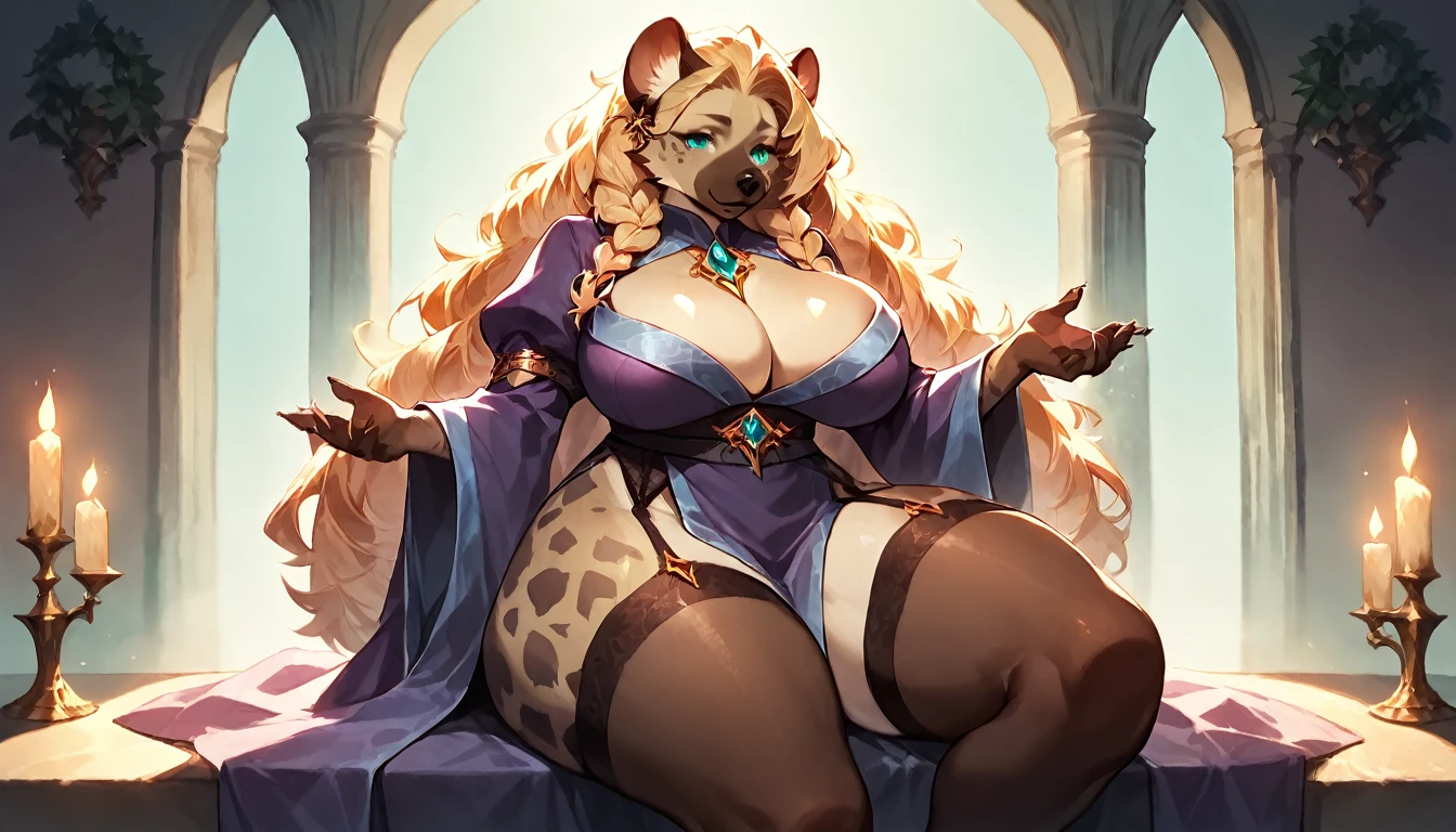 score_9, score_8_up, score_7_up, score_6_up, score_5_up, score_4_up, (solo), female anthro hyena, purple robe, lusty, fluffy body, long blond hair, turquoise eyes, (thick thighs:1.5)((( offering the breasts))) sex partial clothes, (((cleavage))) semi-butonned uniform niform, (barely_visible_booba) (she is sitting) , giant breasts, garter belt tights 