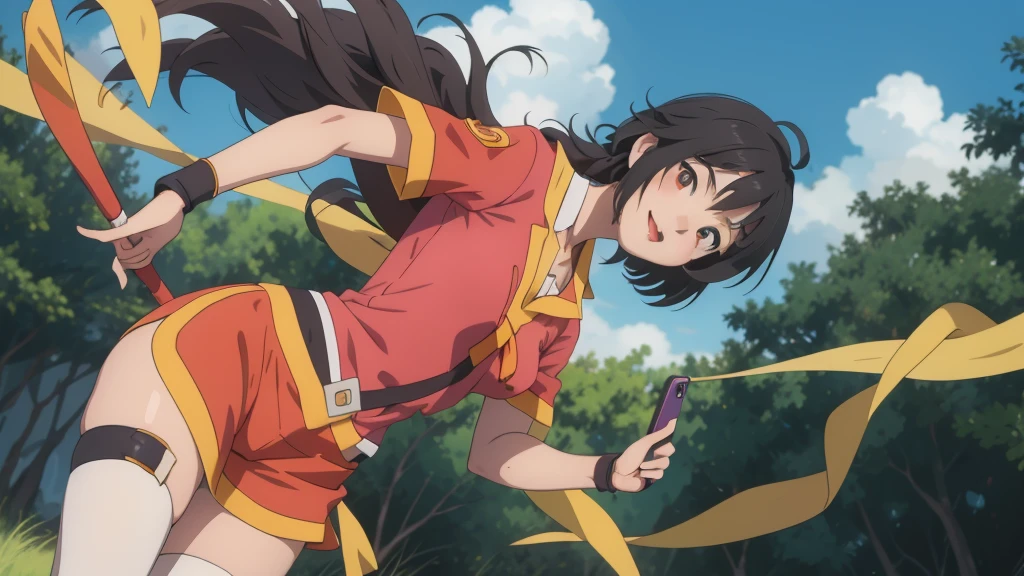 Skinny nymph Megumi, the main character of the popular anime "Konosuba", is depicted in a striking pose. She is dressed in her signature outfit and stands with her hands on her hips, looking directly at the viewer. Her eyes are wide and full of joy, and she smiles radiantly. The left arm is slightly raised and bent at the elbow, with the palm facing forward, while the right hand holds a smartphone. The background is bright and colorful, adding to the overall cheerfulness of the scene. The image is a masterwork of fanart, showcasing the best quality and digital graphics.
