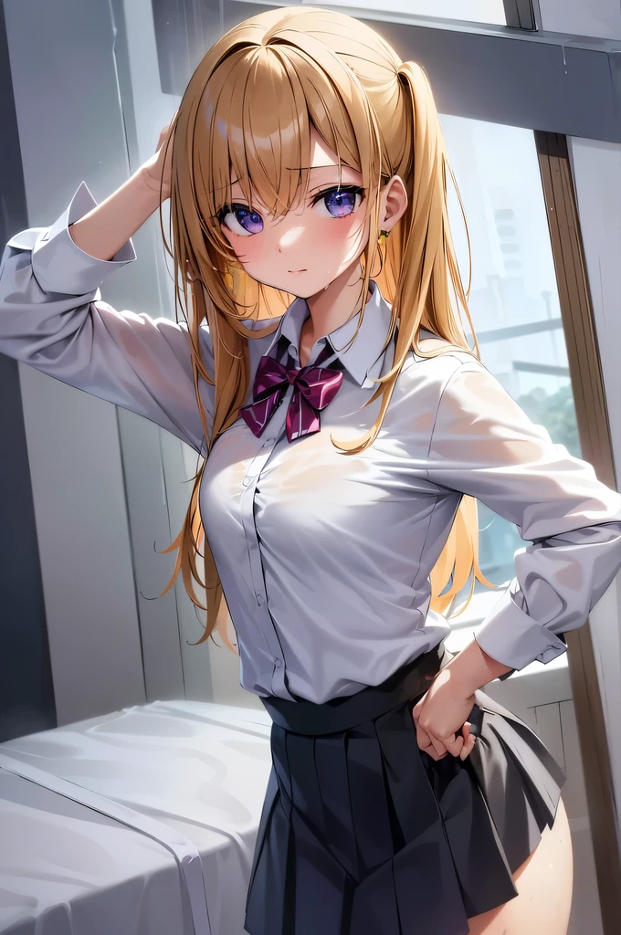 Best quality, A high resolution, absurdity, ultra detailed, 1 girl, hair_square, skirt, one, shirt, rain, wet_cloth, hair_square, wet, small_breast, underwear, wet_skirt, look through, blonde, amber_eyes, white_brassiere.