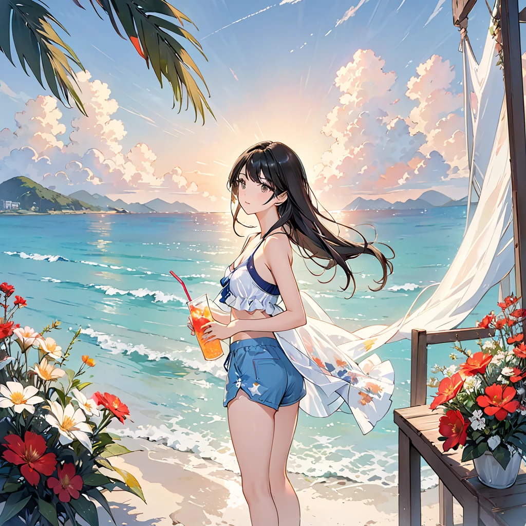 (work of art:1.2), (best qualityer:1.3), shallow_SUNSET, 1 girl, standing, cowboy_outlet, drinking straw_ha, swimsuit wear, don, shorts, flowers, star of the sea, 