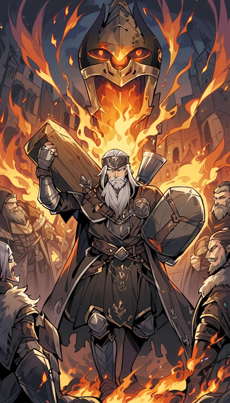 naughty man, gray hair, (medieval command) greybeard, holding a (rectangular stone) (enveloped in flames)