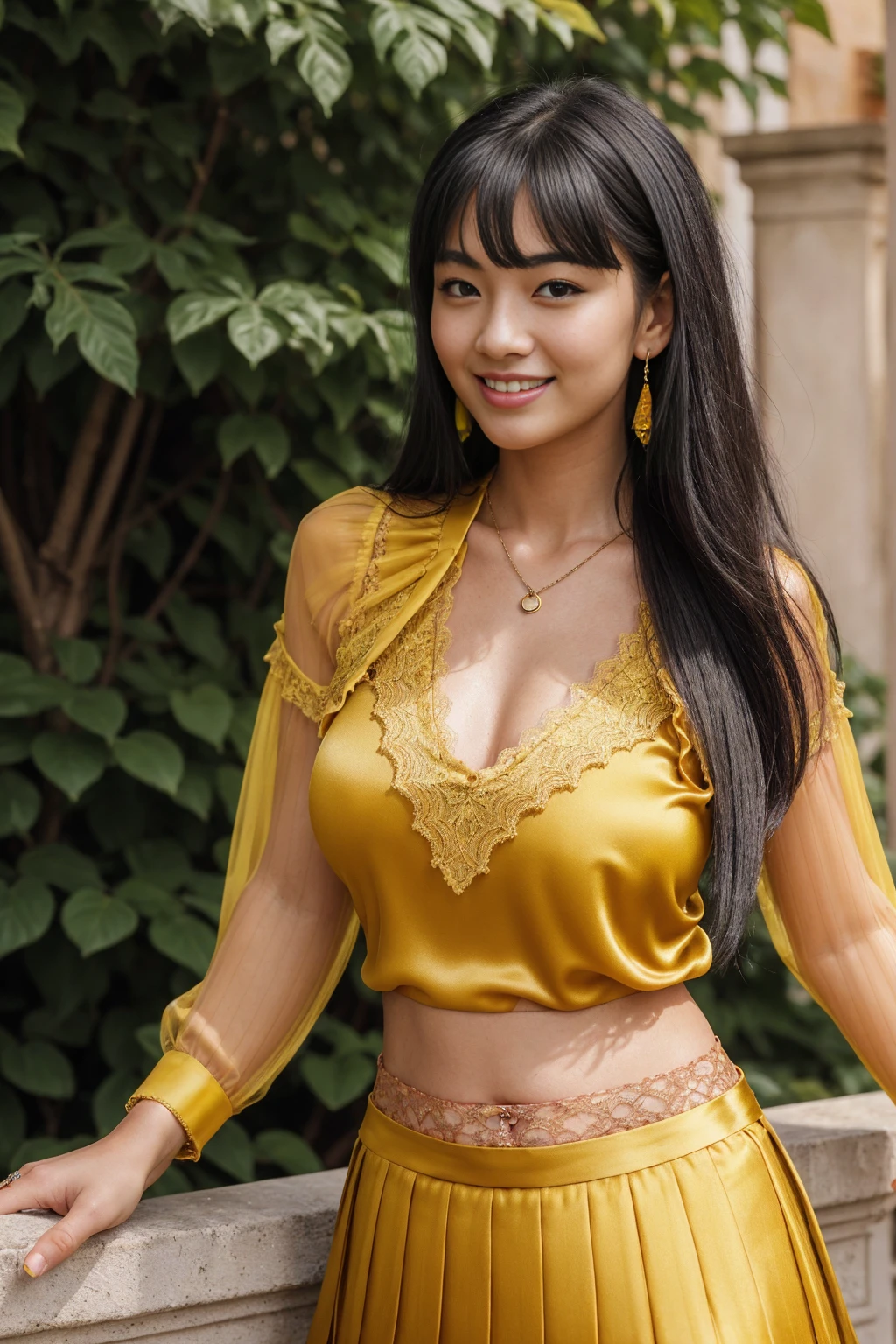 Half-length glamour portrait, nikon D850, f1.6 lens, 200mm, DSLR, 22 Megapixels, (((Gardens of a Tuscan villa scene))), shot of a stunning 19 years old korean girl, (smile:1.4), (wearing Mustard yellow lace blouse with Dark red pleated satin midi skirt:1.6), ((seductive pose)), hot girl, (((big natural breasts))), (((black fringe hair))), (small girl), symmetrical face, photorealistic, photography, (bright natural lighting), gorgeous, deep cleavage, (masterpiece), best quality, high resolution, extremely detailed, cinematic lighting, (((very narrow waist))), rich colors, hyper realistic, lifelike texture, ((jewelry)), (((She has beautiful hands and wears rings))), (bracelet), (necklace), (ankle chain), (nail polish) (earrings), Fuji Superia 200, 8k
