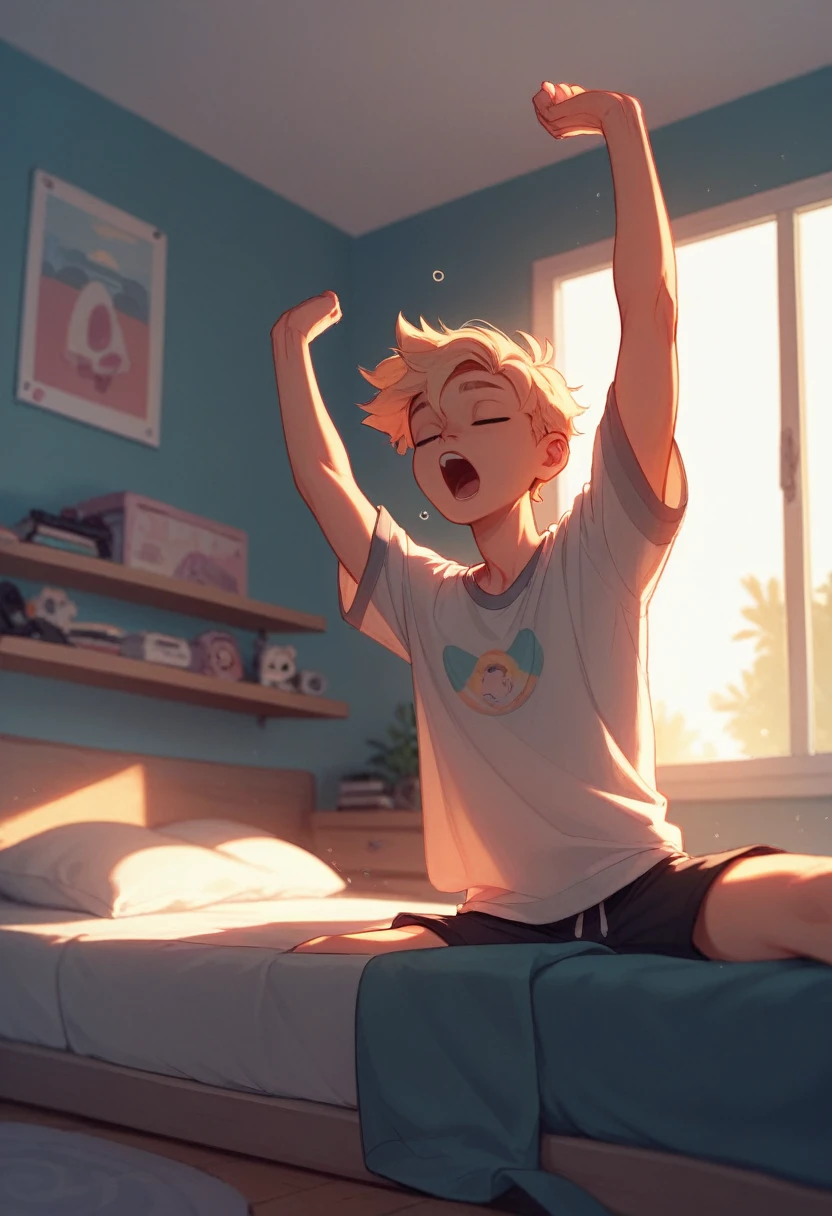 Three boys only, sleepover, sleepy, yawn, perspective, Wearing pyjamas, stretching, (Bedroom), (morning), spring, masterpiece, 8K, White warm lighting, The perfect outfit, Perfect Anatomy, Perfect Eyes, Perfect Face, Sharp resolution,