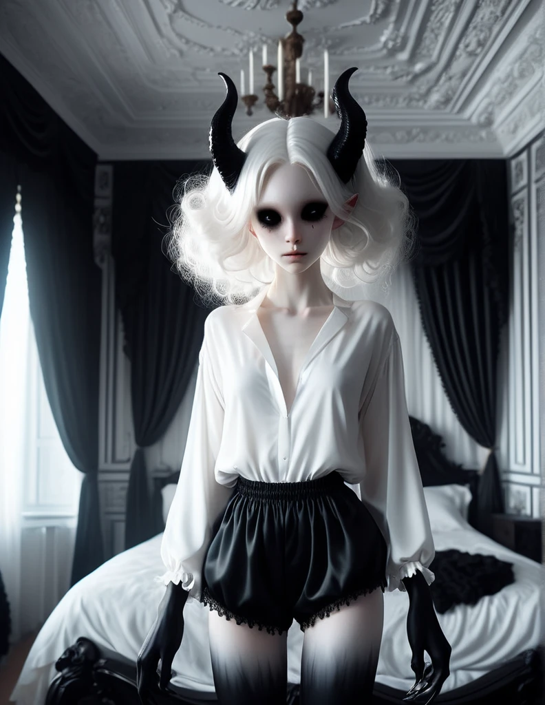 pale skin demon girl, wearing white blouse and black bubble shorts, in  bedroom with evil seductive vibe , ( black gradient arms and legs:1) , white hair , well lit a realistic baroque bedroom, white canopy over bed, white drapes, damask patterns, intricate details,    in the style of Vittorio Matteo Corcos, intricate detail