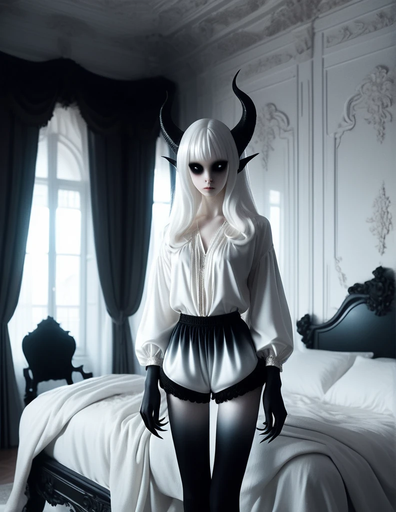pale skin demon girl, wearing white blouse and black bubble shorts, in  bedroom with evil seductive vibe , ( black gradient arms and legs:1) , white hair , well lit a realistic baroque bedroom, white canopy over bed, white drapes, damask patterns, intricate details,    in the style of Vittorio Matteo Corcos, intricate detail