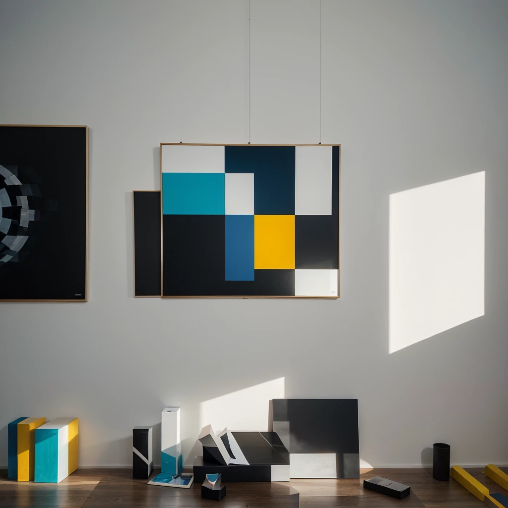 "Create a high-resolution, professional-quality abstract art piece that combines bold colors and geometric shapes. The composition should feature an array of overlapping circles, triangles, and squares in vibrant hues such as blues, reds, yellows, and greens, with contrasting black and white elements to create visual balance. Use gradients, textures, and shadow effects to add depth and dimension to the shapes. Ensure the arrangement of the shapes is harmonious yet dynamic, creating a sense of movement and energy. The overall design should be modern and visually striking, with a clean, polished look that appeals to contemporary tastes. This artwork should evoke a sense of creativity, balance, and modernity, making it ideal for use in home decor, corporate environments, and graphic design projects on stock photography platforms."