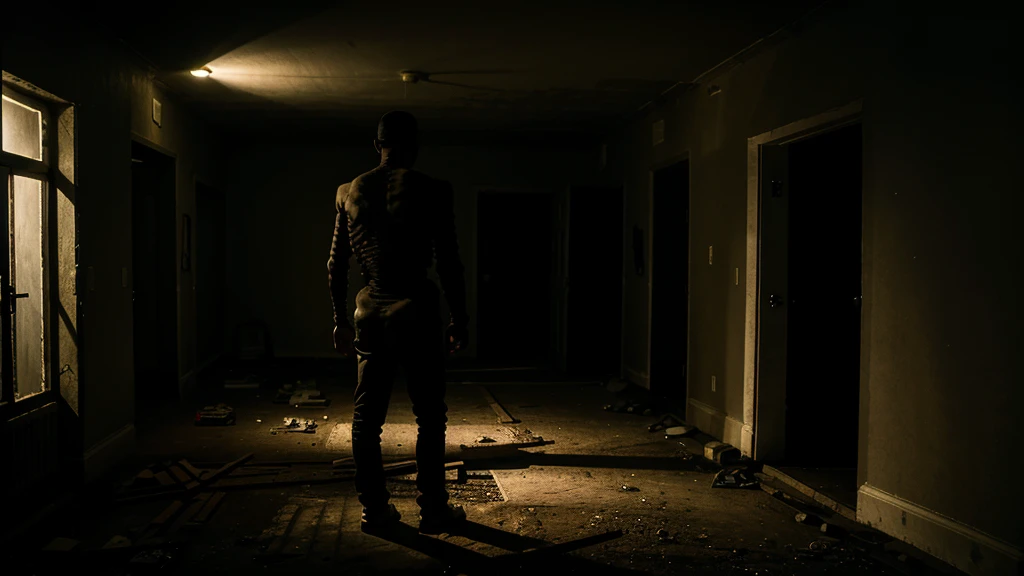 a skeleton standing standing directly in a scary man back in darkness abandon room.