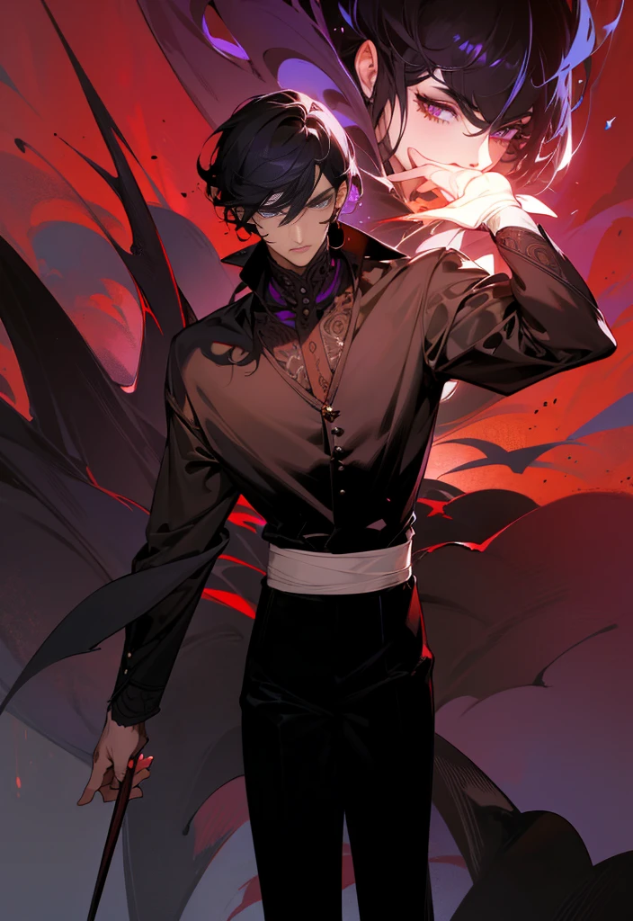 Elegant handsome man with purple pupils, wearing a black shirt, black trousers, short black hair, (top quality, 8k, high, masterpiece), highly detailed facial features, intricate details, natural lighting, warm color, soft focus, digital painting, fantasy art, silhouette, red light, eerie atmosphare, dark aura, black particles, perfect eyes, beautiful eyes, adult male.