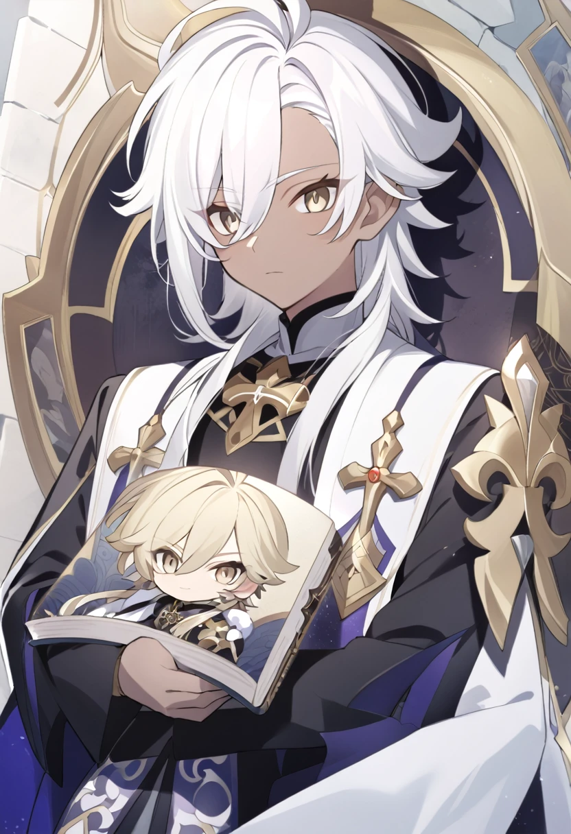 アニメ, um homem com white  hair e longos com uma fraja no dado direito e um livro nas mãos, brunette skin, gold eyes, cute androgynous prince, delicate androgynous prince, white  hair deity, handsome guy in demon slayer art, genshin, photo of a male cleric, white  hair, portrait of thancred, arte detalhada de personagem de アニメ