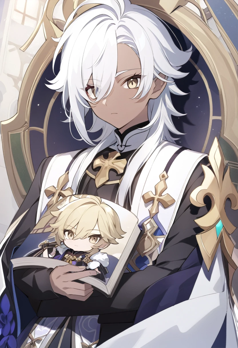 アニメ, um homem com white  hair e longos com uma fraja no dado direito e um livro nas mãos, brunette skin, gold eyes, cute androgynous prince, delicate androgynous prince, white  hair deity, handsome guy in demon slayer art, genshin, photo of a male cleric, white  hair, portrait of thancred, arte detalhada de personagem de アニメ