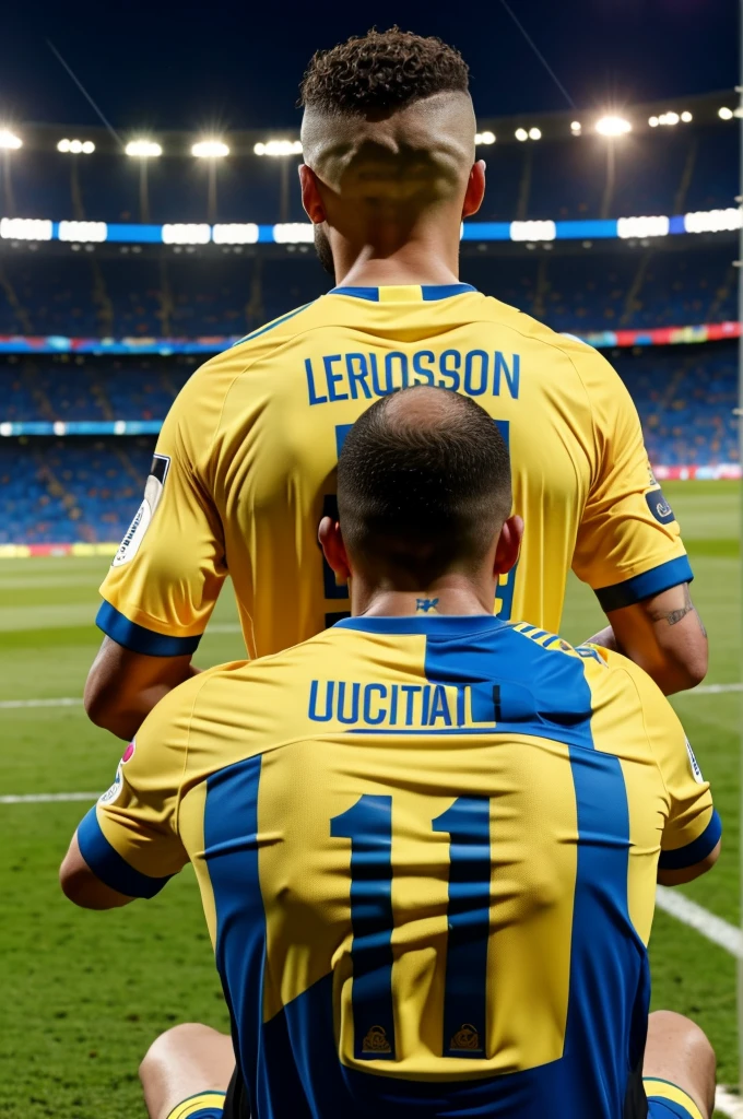 From Leon with the current yellow original Argentine national team shirt from 2024 on his back watching the game sitting down celebrating the goal
