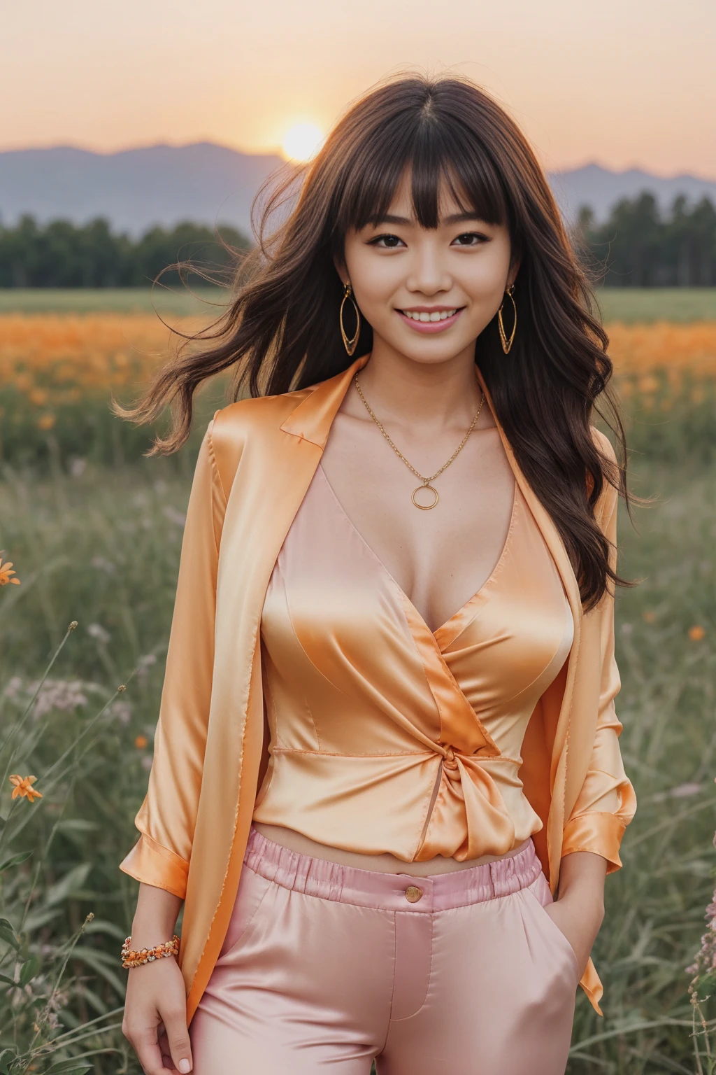 Half-length glamour portrait, nikon D850, f1.6 lens, 200mm, DSLR, 22 Megapixels, (((Wildflower field at sunset scene))), shot of a stunning 19 years old korean girl, (smile:1.4), (wearing Pastel orange Pantsuit with Pastel orange silk blouse:1.6), ((seductive pose)), hot girl, (((big natural breasts))), (((black fringe hair))), (small girl), symmetrical face, photorealistic, photography, (bright natural lighting), gorgeous, deep cleavage, (masterpiece), best quality, high resolution, extremely detailed, cinematic lighting, (((very narrow waist))), rich colors, hyper realistic, lifelike texture, ((jewelry)), (((She has beautiful hands and wears rings))), (bracelet), (necklace), (ankle chain), (nail polish) (earrings), Fuji Superia 200, 8k