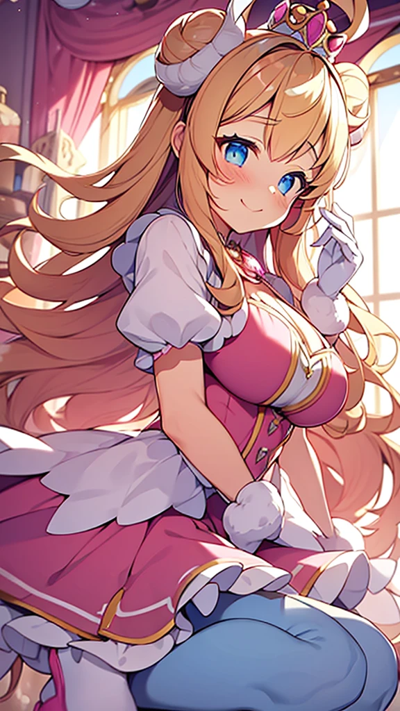 1goat girl, goat ears, golden horns, curly blonde hair, two buns, pink princess crown, perfect eyes, make-up, blue eyes, pink lipstick, happy face, white necklace, princess clothing, pink and white fluffly dress, long white gloves, long white stockings, pink heels, pink heart magical wand in the hand, big breasts, big ass, princess bedroom background