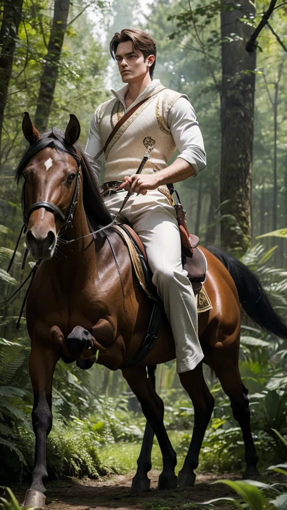 A centaur with a handsome man's face holds a sword proudly in the forest, wearing clothes that display elegance and strength. With steady steps, he is ready to face any threat that might lurk behind the dense trees, hypermaximalist, elegant, very detailed and complicated, a masterpiece, hyper-realistic, realistic. the image is rendered in K HDR, high octane in hyper-detail, hyper resolution, masterpiece, realistic