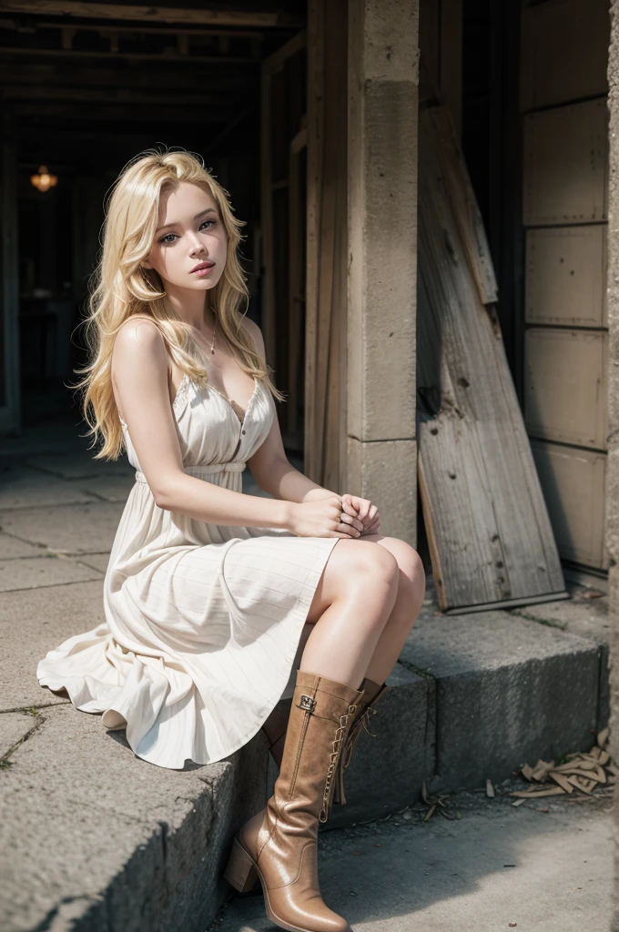 cinematic, Beautiful blonde woman, blonde hair, wearing a dress, boots, (Marie dee),