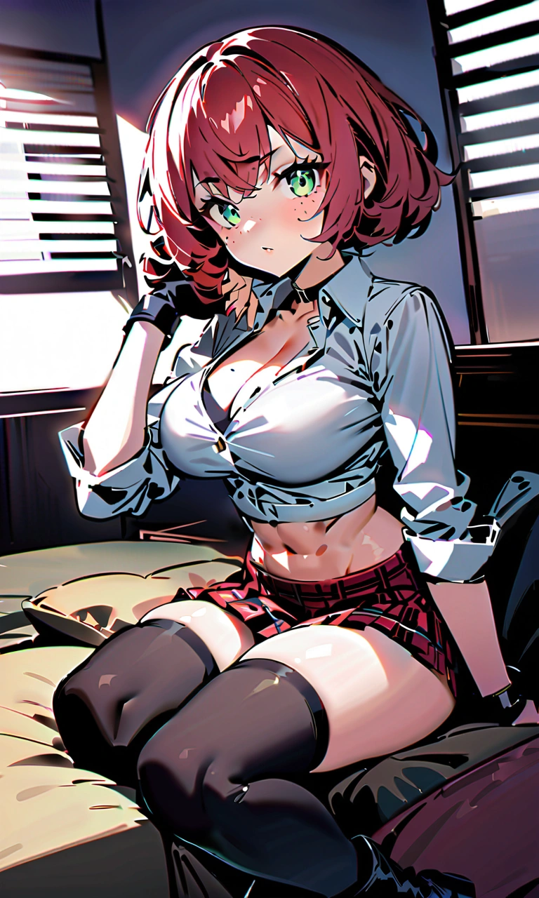 woman, curly red pixie cut hair, green eyes, wearing crop top black shirt, long black jacket, red plaid skirt, (black knee high boots), black fingerless gloves, exposed shoulders, large breasts, freckles, cleavage, abs, looking at viewer, masterpiece, best quality