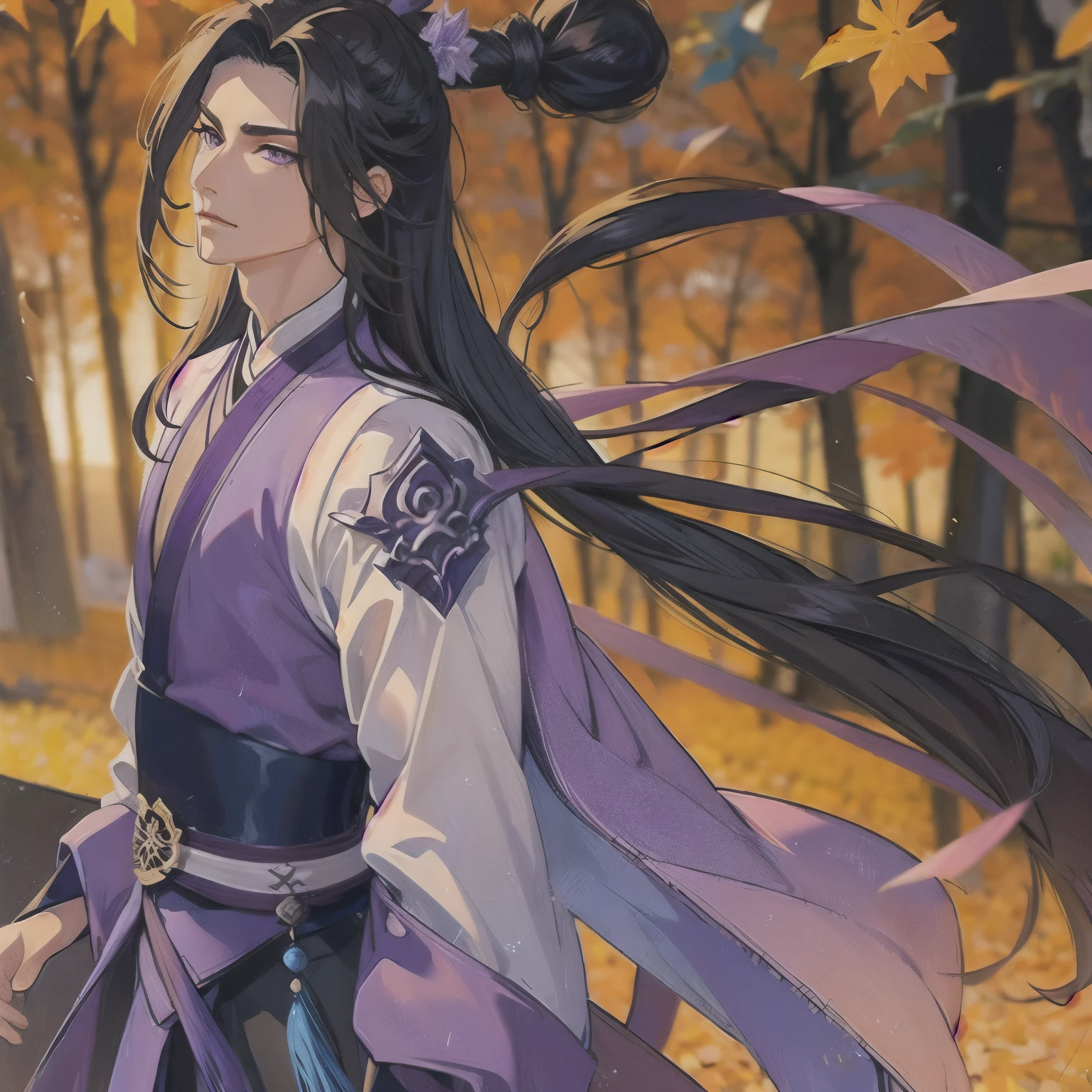 (masterpiece, best quality:1.2), 1male, solo, jiang cheng, mo dao zu shi, mdzs, purple and black clothes, purple eyes, long black hair, perfect anatomy