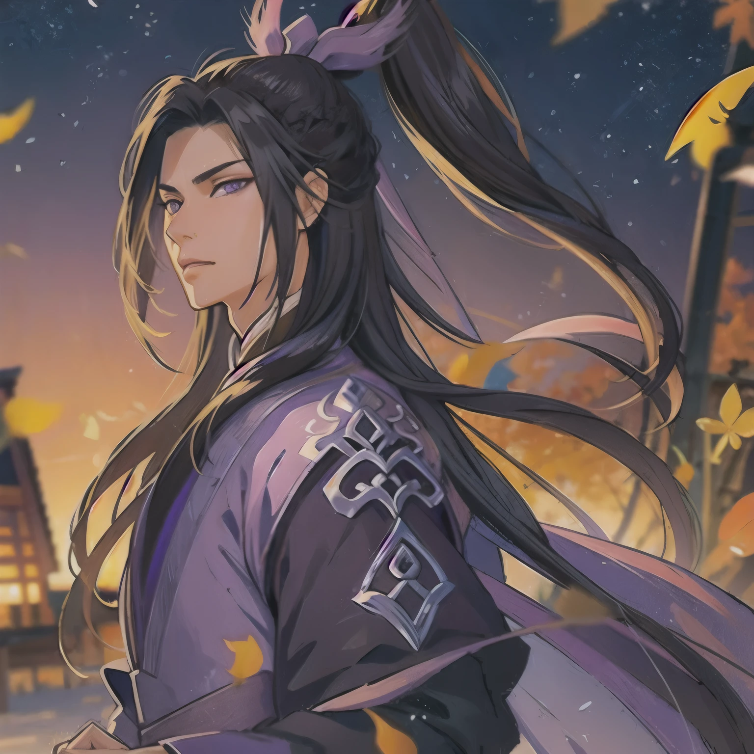 (masterpiece, best quality:1.2), 1male, solo, jiang cheng, mo dao zu shi, mdzs, purple and black clothes, purple eyes, long black hair, perfect anatomy