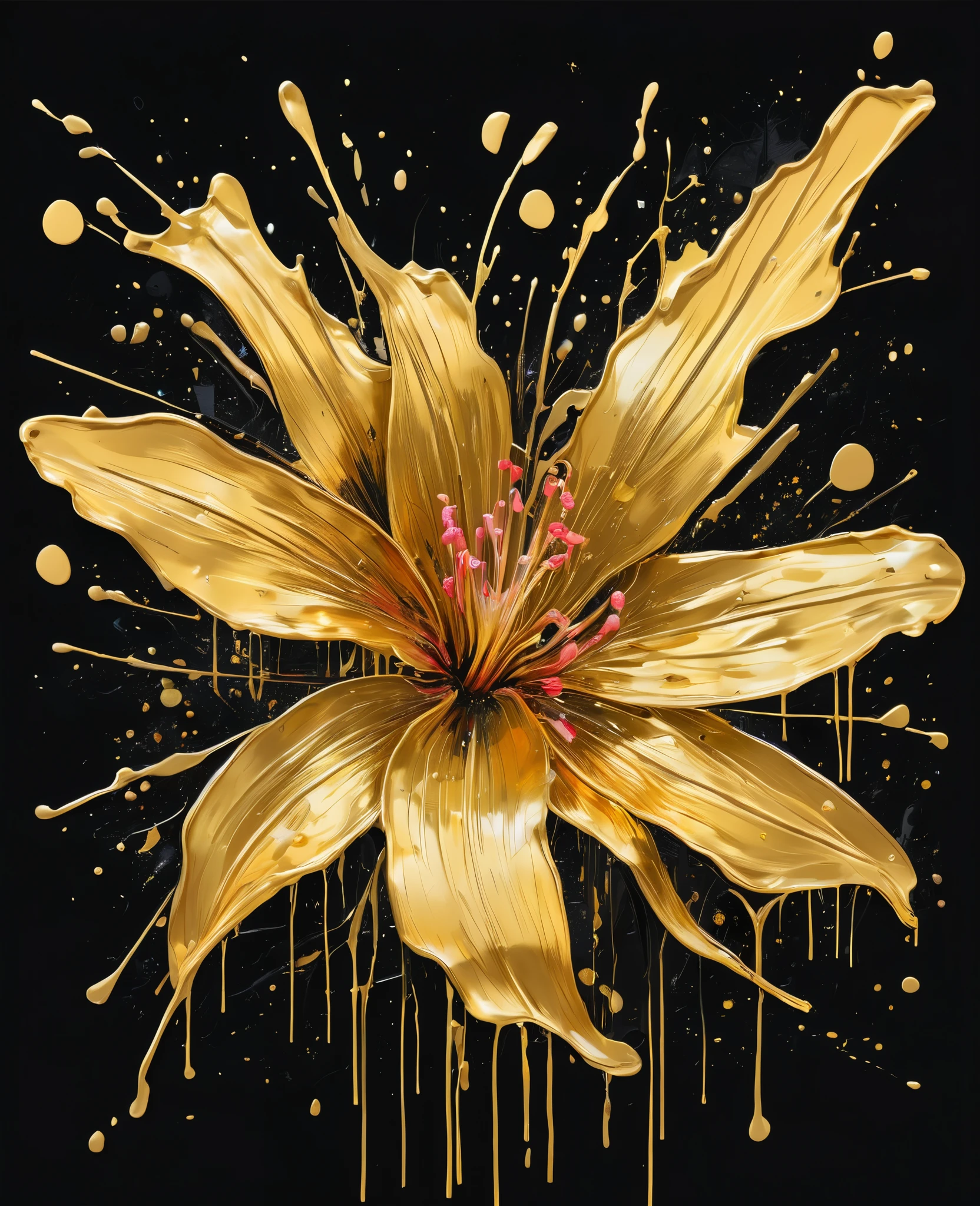 Graffiti, scribble, Comics by Petra Cortright, best quality, masterpiece, gold paint splash artwork, Representative work, official art, Professional, Ultra intricate detailed, 8k, gold paint splash art, black background 